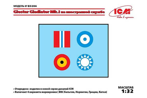 Декаль D3204 Gloster Gladiator Mk.I/II на иностранной службе (ICM D3204) 1/32 Декаль D3204 Gloster Gladiator Mk.I/II на иностранной службе (ICM D3204) 1/32