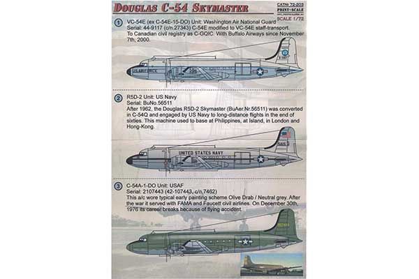 Декаль для самолета Doulas C-54 Skymaster (Print Scale 72-203) 1/7