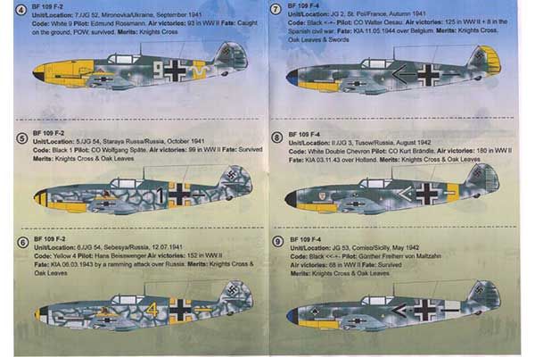 Декаль для самолета Messerchmitt Bf.109 F Aces (Print Scales 72-254) 1/72