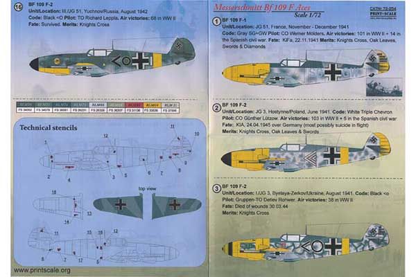 Декаль для самолета Messerchmitt Bf.109 F Aces (Print Scales 72-254) 1/72