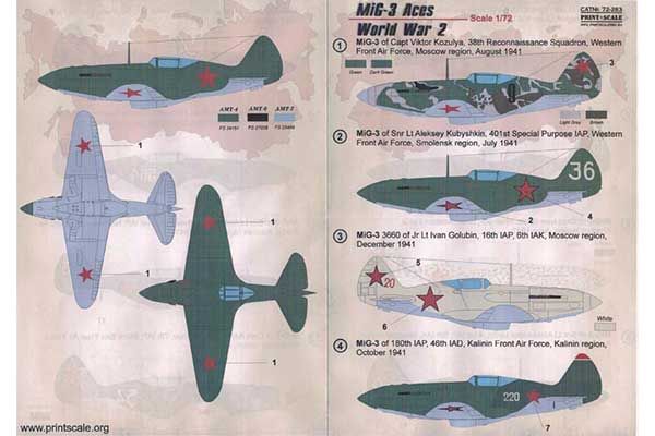 Декаль для самолета МиГ-3 "Асы Второй Мировой Войны" (Print Scale 72-283) 1/72