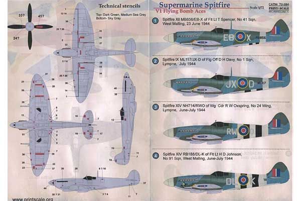 Декаль для самолета Supermarine Spitfire V1 "Flying Bomb Aces" (Print Scales 72-284) 1/72