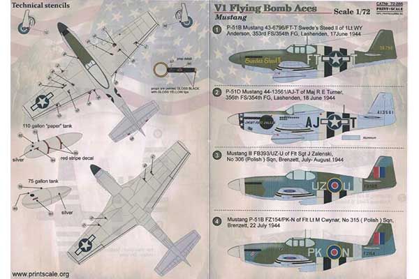 Декаль для самолета Mustang V1 "Flying Bomb Aces" (Print Scale 72-268) 1/72